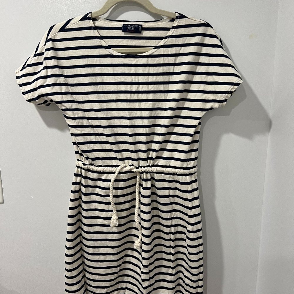 Saint James L'atelier Short-sleeves Tie Waist  Striped Cotton Mini Dress US 6